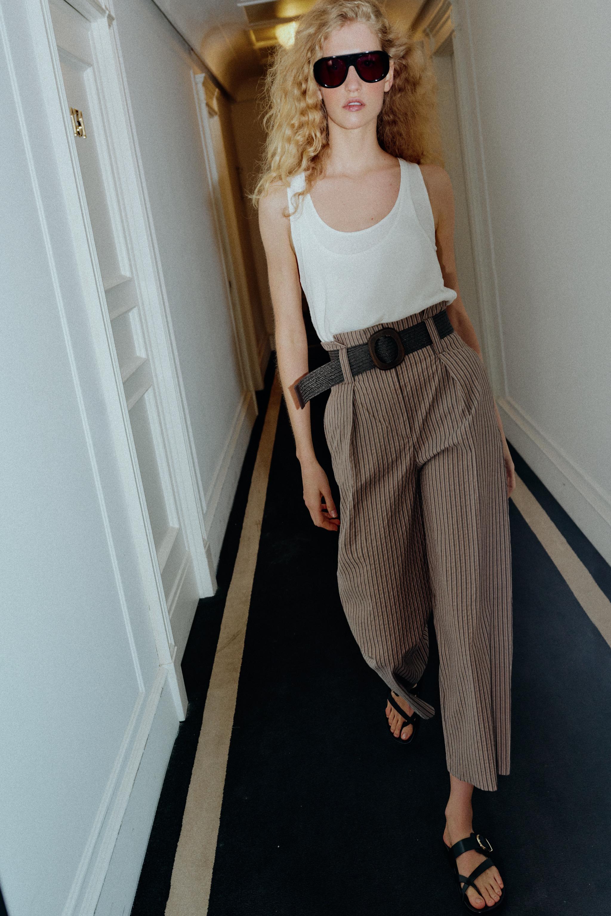 STRIPED BELTED PANTS